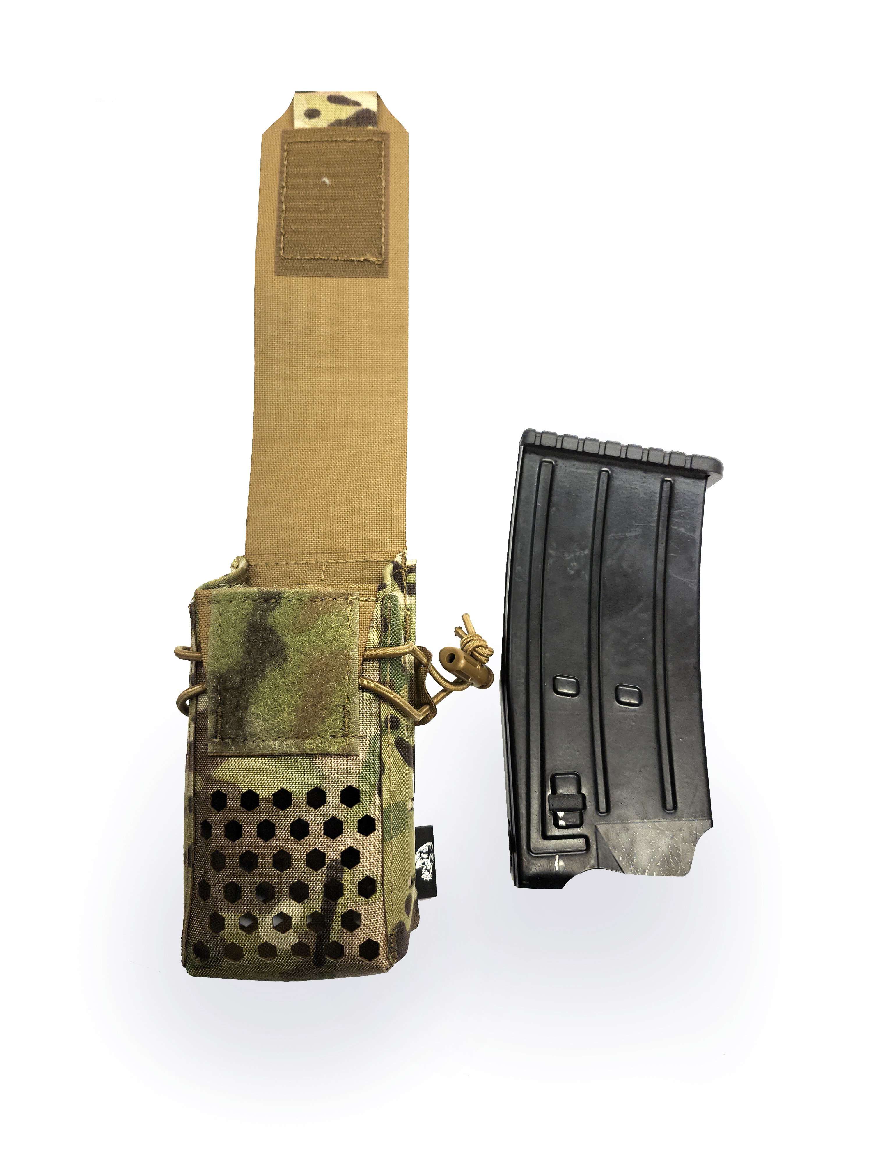 Carcajou Tactical Multicam T-cell pouch open. To the right, a 12-gauge magazine is upside down, against a white background
