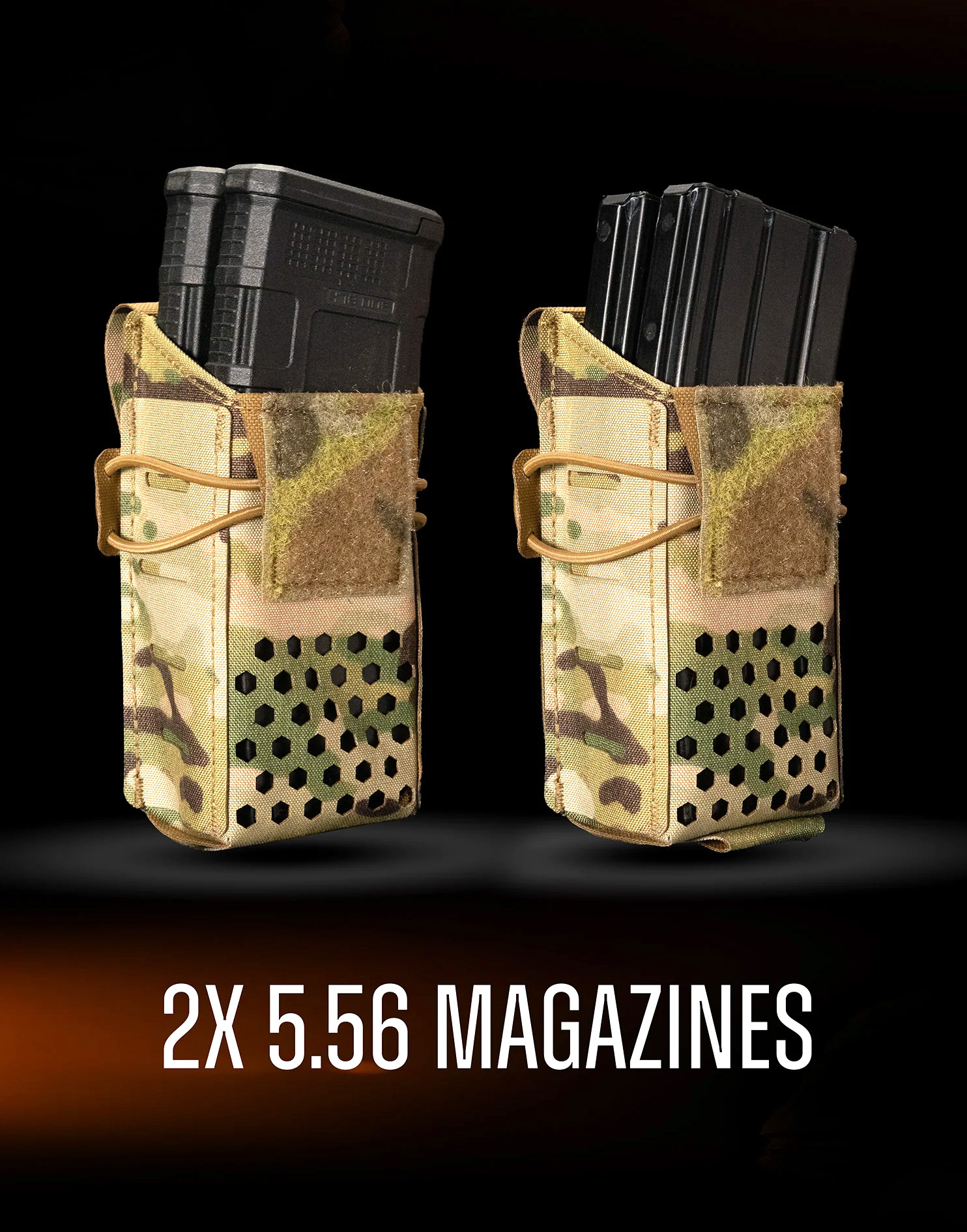 2 open Carcajou Tactical Mulitcam Multicam T-Cell pouch with two fully inserted 30-round 5.56x45 magazines, over a blackbackground.