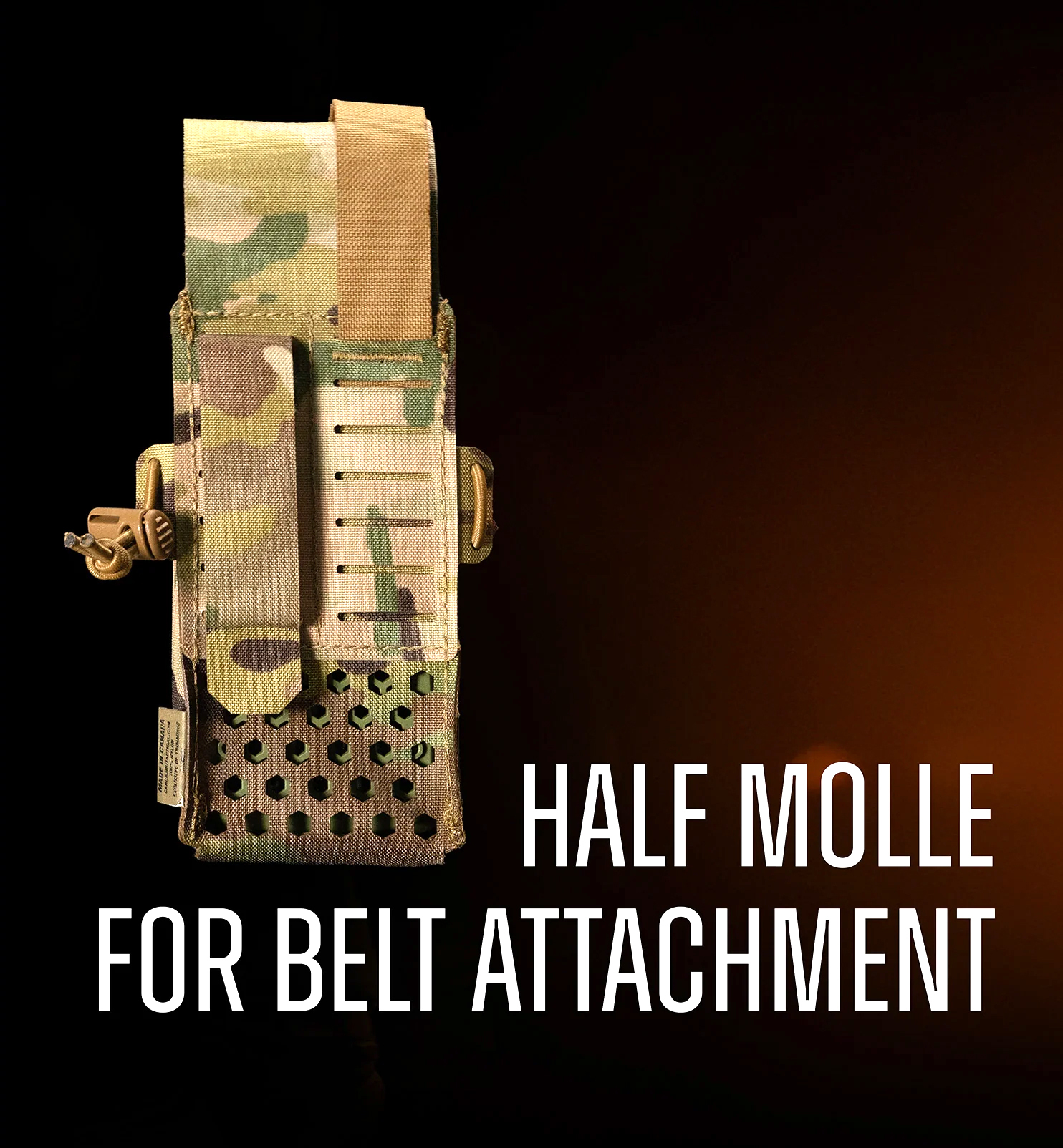 Back view of a closed Multicam T-Cell pouch, with one P.A.L.S. tab flipped over, revealing a Coyote brown backing.