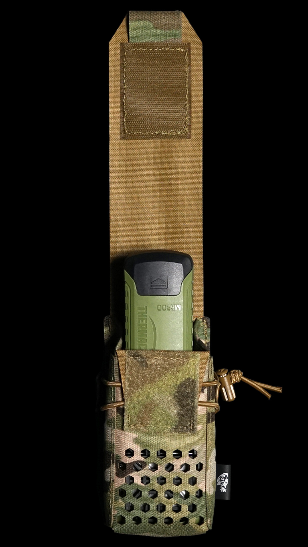 Front view of an open Multicam T-Cell pouch with a fully inserted T-Cell, and the flap cover backing is Coyote brown., over a black background
