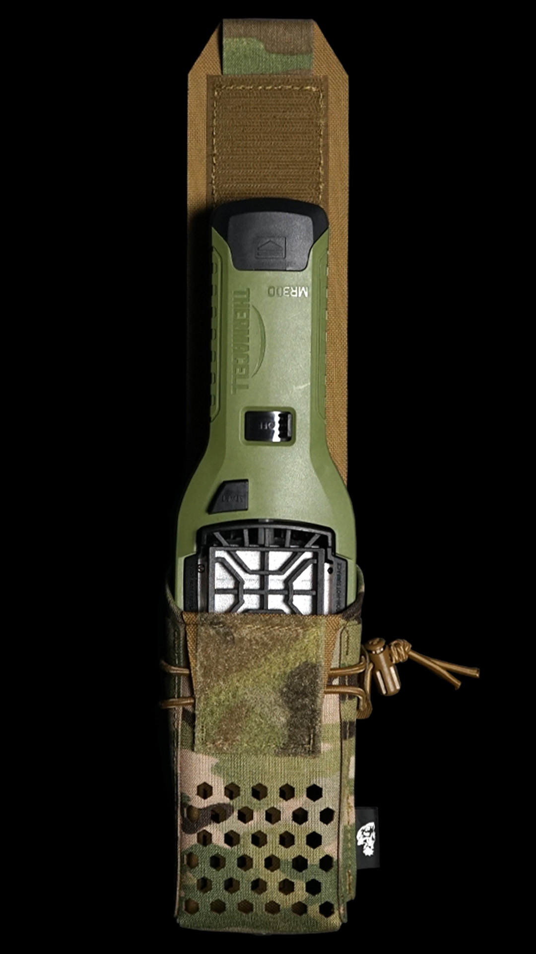 Front view of an openCarcajou Tactical Mulitcam T-Cell pouch with a partially inserted T-Cell, ver a black background..